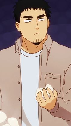 an anime man with short, spiky black hair and stubble is shown from the chest up. he's wearing a light brown buttondown shirt over a white tshirt. he's holding a white, round object in his left hand, and his expression is one of mild annoyance or boredom. the background is a solid dark bluepurple.