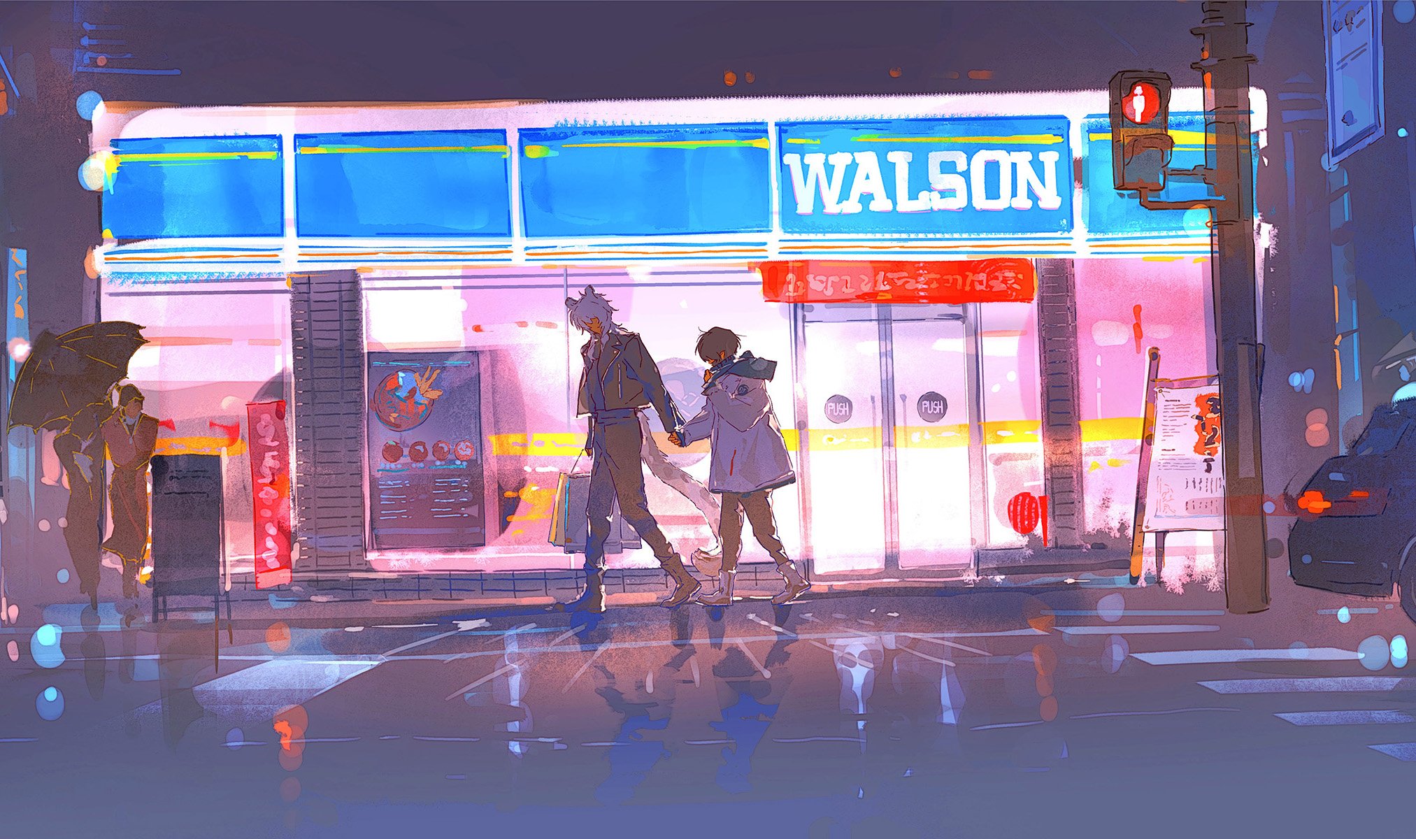the illustration showcases a vibrant animestyle depiction of a couple holding hands and strolling across a rainslicked crosswalk at night.  they're passing by a brightly lit convenience store named "walson," which stands out with its neonblue signage against the pinkishpurple twilight sky. the scene is detailed, with reflections in the wet pavement and a sense of atmosphere created by the soft lighting and rain.  a person with an umbrella is visible in the background, adding depth to the scene. the overall style is modern and expressive, with a focus on color and mood.