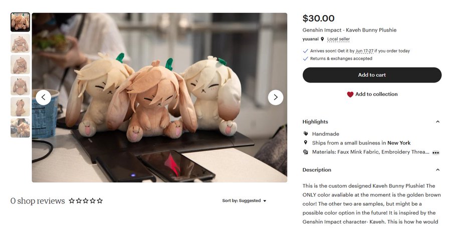 the image shows a listing for a handmade kaveh bunny plushie from the game genshin impact. the plushie is a custom design and is only available in golden brown color. the listing also mentions that the seller is located in new york and ships from a small business. the image shows three plushies, each in a different color.