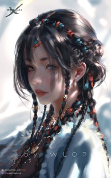 the image depicts a young woman with intricate braids adorned with beads and jewelry. she has a stoic expression and a faint blue marking under her left eye. the background is blurry and bright, suggesting a sunny outdoor setting. her clothing is loose and flowing, giving an ethereal and mystical impression. the overall style suggests a fantasy character, possibly a warrior or princess.