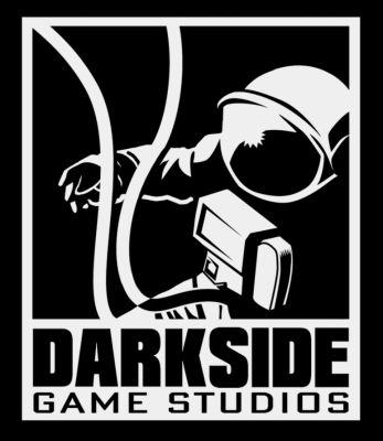 the image is a logo for "darkside game studios". it features a black and white silhouette of an astronaut with a futuristic gun, with a stylized font reading "darkside game studios" underneath. the astronaut appears to be in space, as the background is a dark void. the overall design is futuristic and edgy, reflecting the name "darkside" and the theme of game studios.