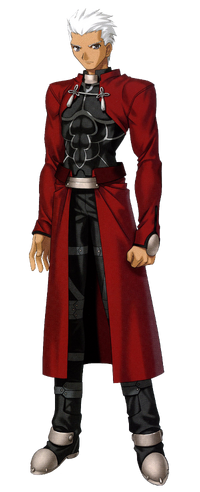 a fullbody illustration of archer (emiya shirou) from the fate series. he is depicted in his signature red coat and black armor, with his characteristic white hair and serious expression. the artwork is in a style typical of anime and manga, showcasing detailed clothing and a dynamic pose.  the background is plain black, making the character the clear focus.