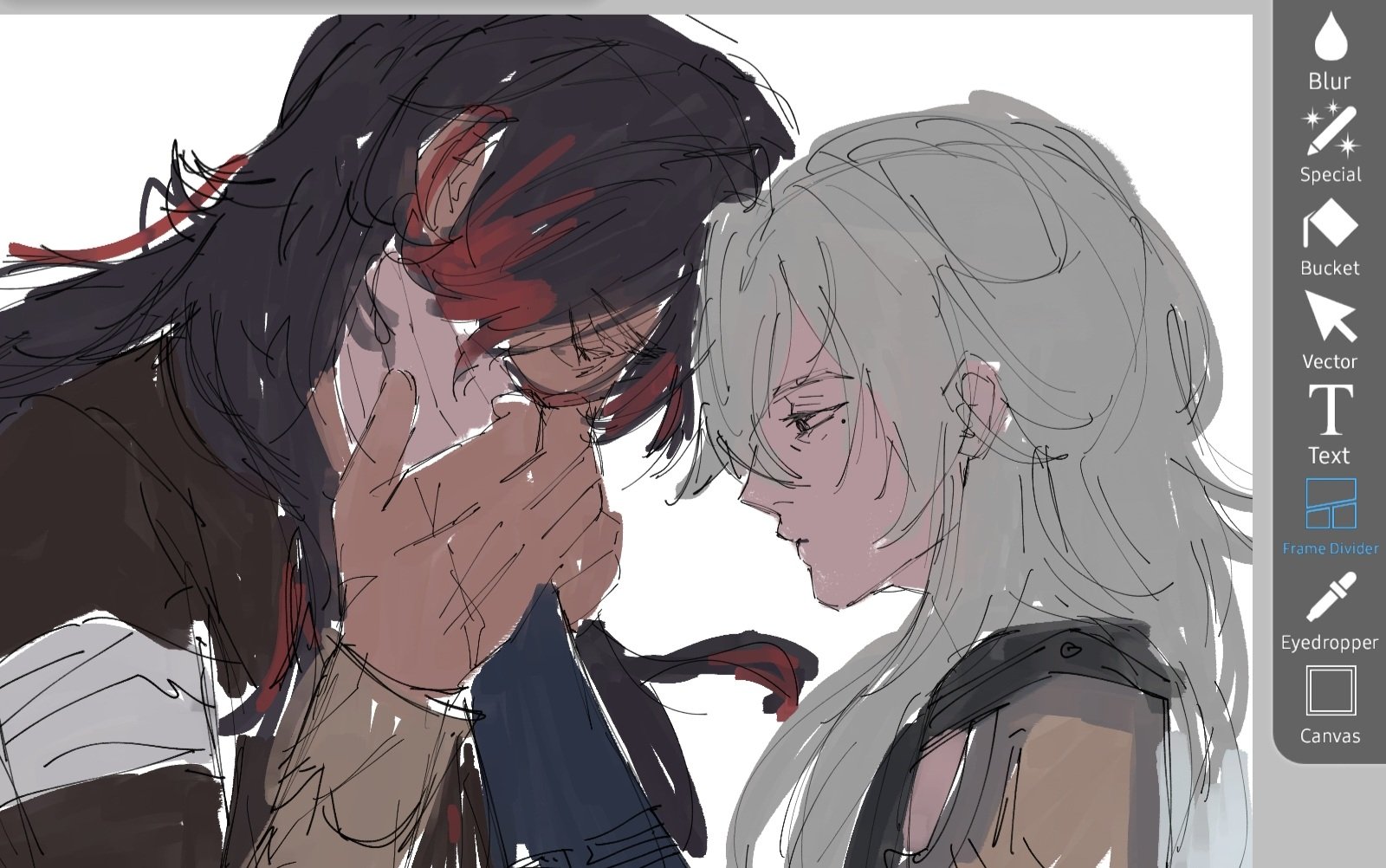 this is a digital drawing of two anime characters, a man and a woman, hugging each other. the man is crying and covering his face with his hands. the woman is looking at him with a sad expression. the background is a white canvas, and the drawing is unfinished. the image has a soft, delicate look to it. the linework is thin and the coloring is subtle. this drawing could be a part of a larger project or it could be a standalone piece of art. it's a beautiful and emotional piece of art that captures a moment of sadness and love.