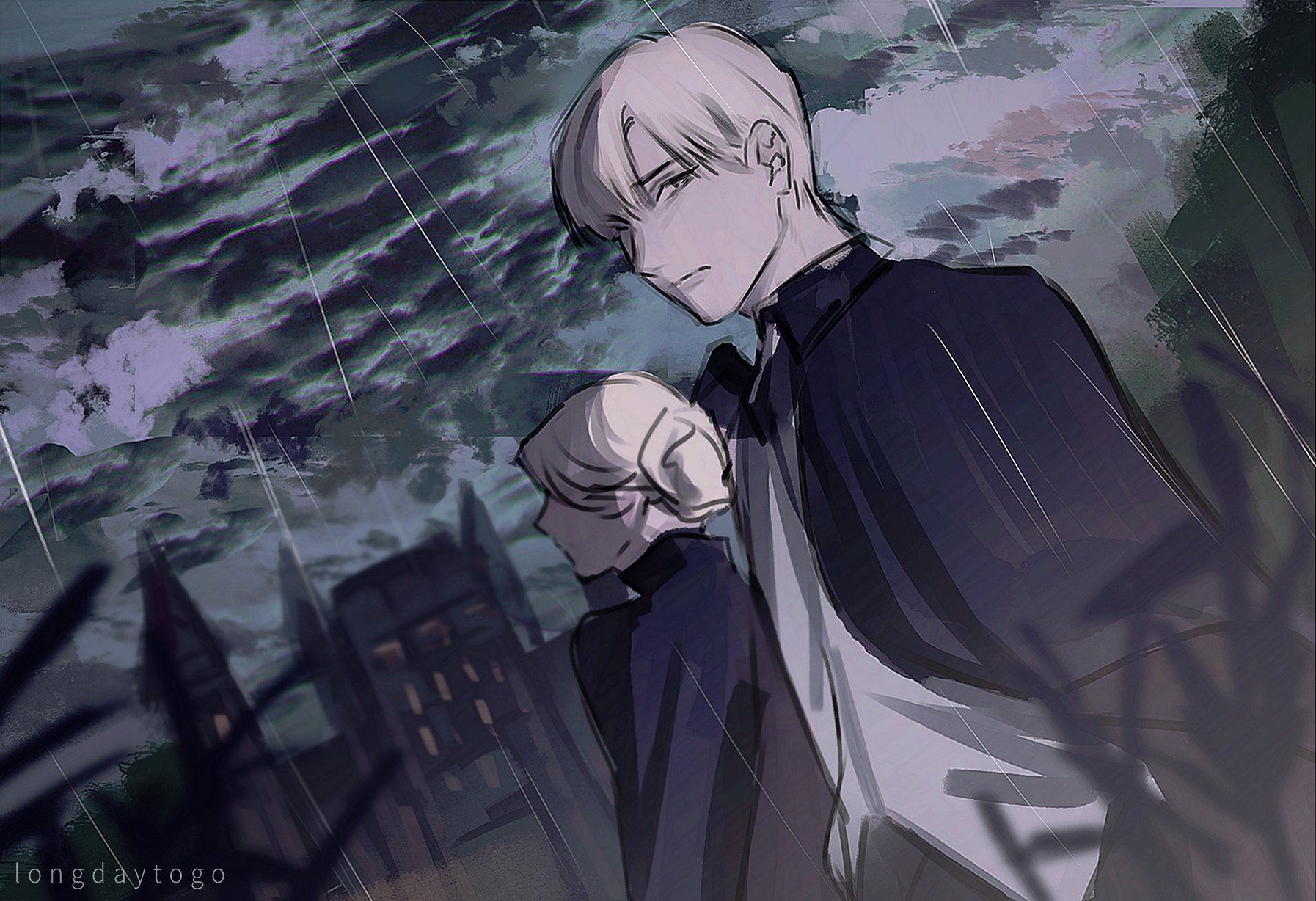 he image is a digital painting or illustration in an anime style. it depicts two young characters, a boy and a girl, walking together in the rain. the boy has short, lightcolored hair and is taller than the girl. the girl has light blonde hair that is partly obscured by the boy’s coat. they appear sad or melancholic. the background is a dark and stormy cityscape with buildings in the distance. the overall mood of the image is dark and emotional. the style is somewhat painterly, with visible brushstrokes and a focus on atmosphere and emotion rather than detailed realism. the artist's signature, "longdaytogo", is visible in the bottomleft corner.