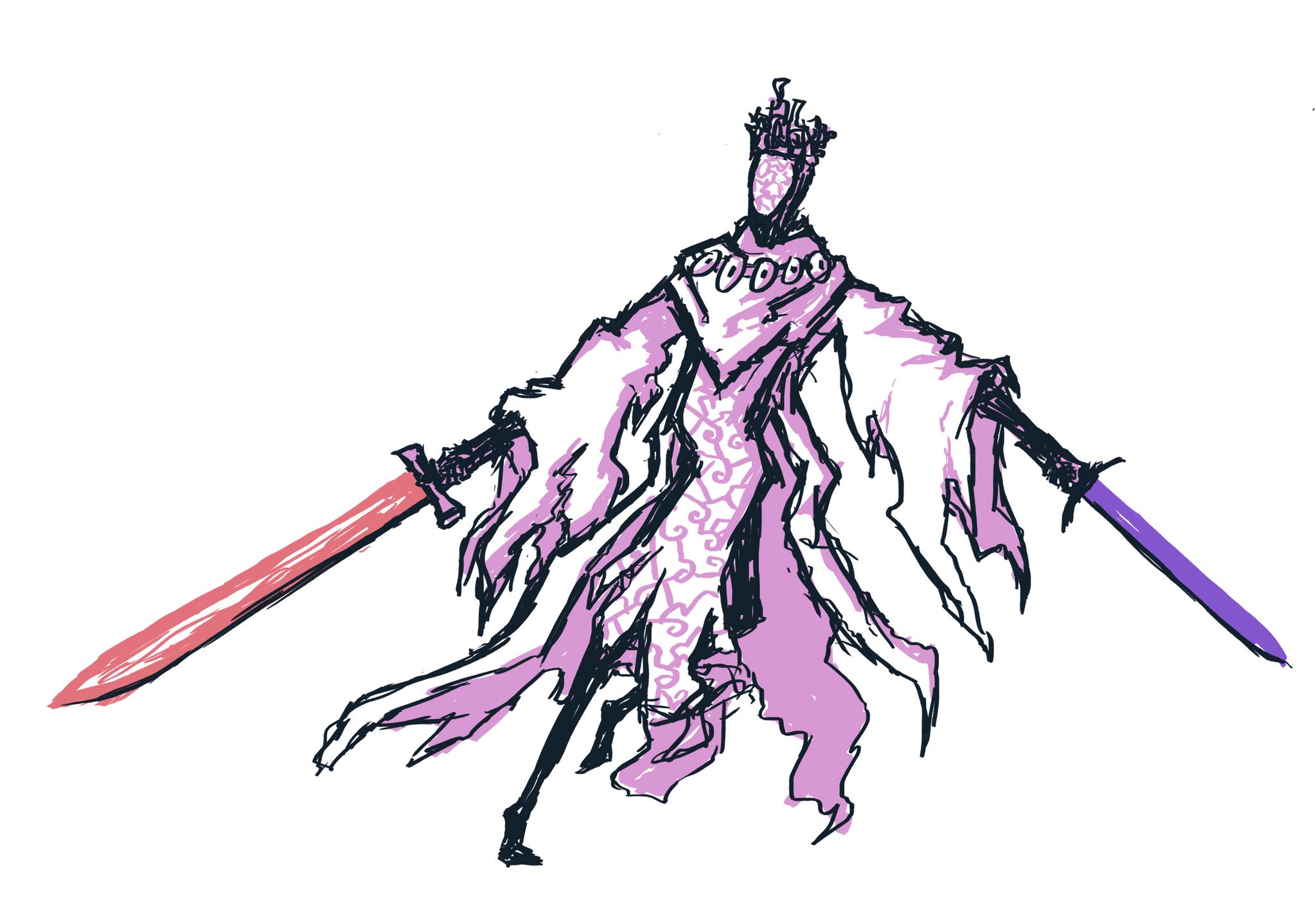 the image showcases a stylized illustration of a spectral knight. they are adorned in flowing, tattered pink robes with ornate detailing and a crown. the figure holds a red sword in their right hand and a blue sword in their left, suggesting a dualwielding fighting style. the art style is loose and expressive, with visible line work and minimal shading. the overall impression is one of ethereal power and otherworldly elegance.