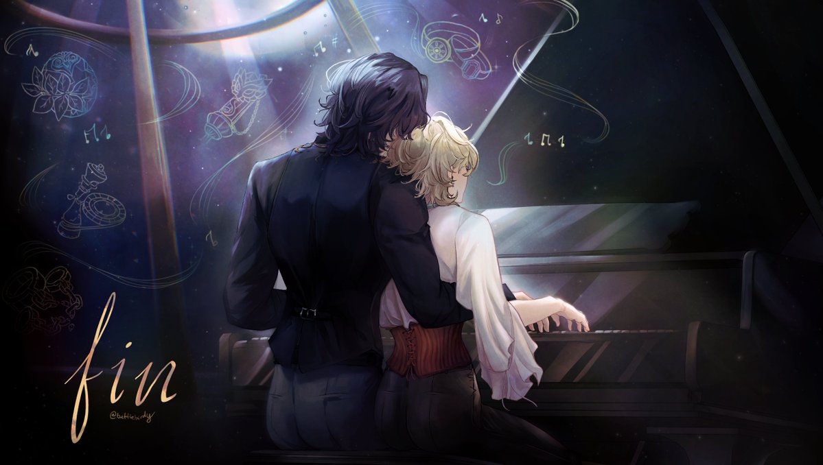he image is a beautiful and evocative piece of digital fanart depicting a romantic couple embracing at a grand piano. the man, with dark hair, has his arm around the woman's shoulder, while the woman, with blonde hair, gently plays the piano. the atmosphere is intimate and melancholic, with soft lighting highlighting the couple against a dark background. musical notes and related imagery float around them, suggesting the importance of music in their relationship. the word "fin," indicating an end, is prominently displayed at the bottom, hinting at a possible conclusion or final moment in their story. the overall style is reminiscent of anime or manga, with detailed character designs and expressive coloring.