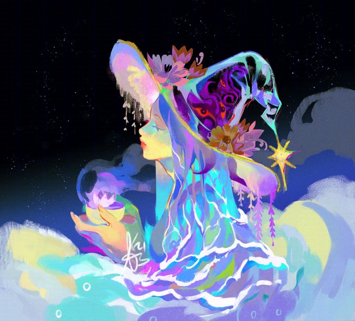 a vibrant and dreamlike illustration of a witch in profile, set against a dark night sky with scattered stars. she wears a colorful, ornate hat adorned with flowers and a star hanging from the tip. her long hair is cascading, reflecting a rainbow of colors. she's holding a glowing orb in her hand, and she appears to be sitting or floating on a cloud. the overall style is ethereal and magical, with a focus on light and color.