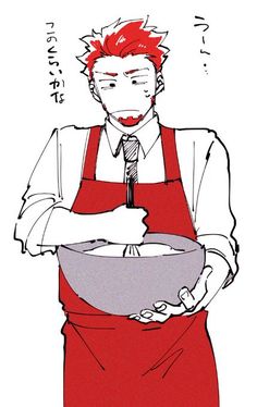 a man with red hair wearing a white shirt, red apron, and black tie is mixing something in a bowl. he is looking to the upper left corner with his eyebrows furrowed.  there is japanese text by his head.