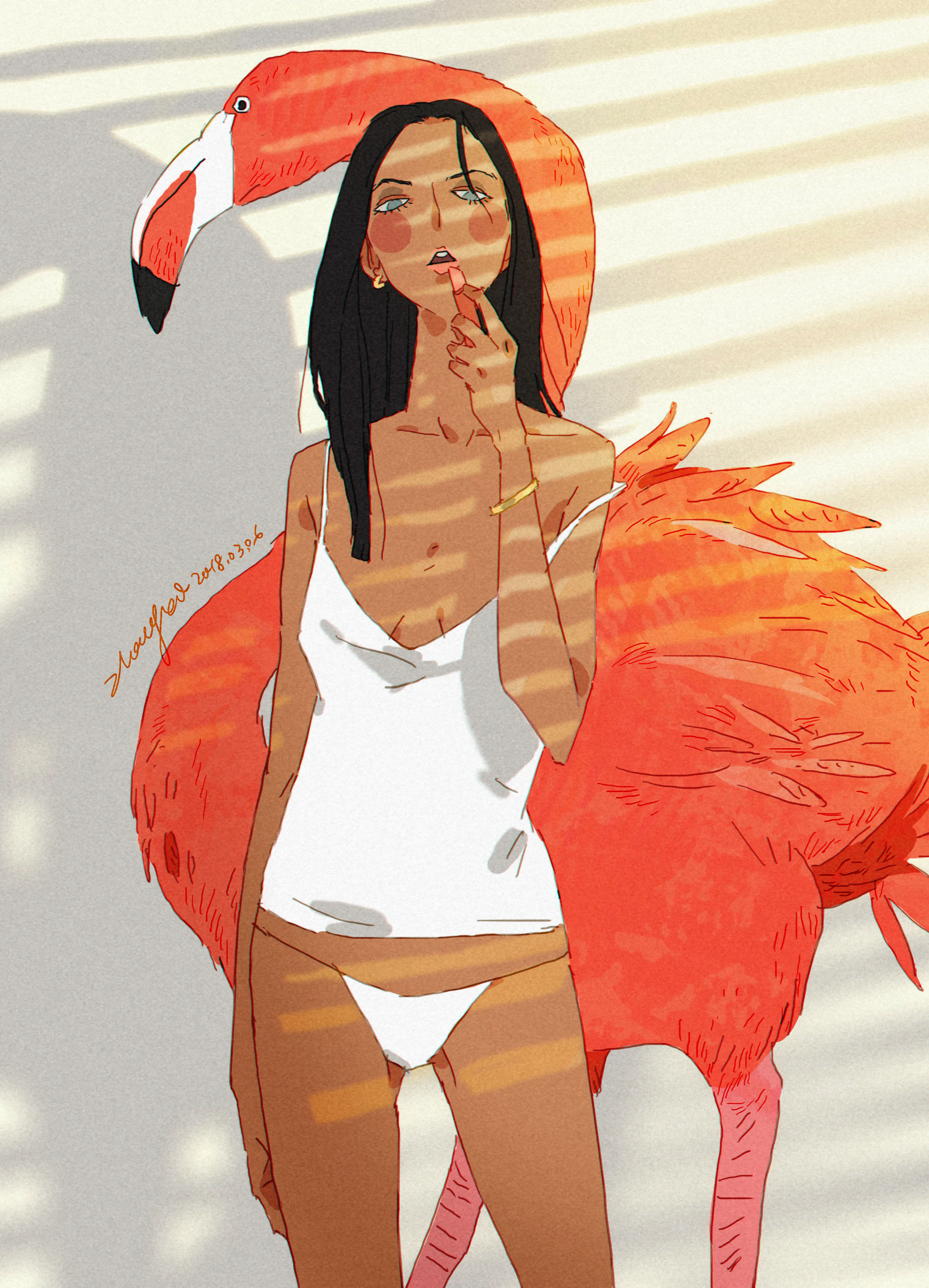 a woman with long black hair is standing next to a pink flamingo. she is wearing a white tank top and white underwear, and she is applying lipstick. the flamingo is standing on one leg, and its feathers are pink and white. the background is a white wall with stripes, and the sun is shining through the window.  the woman and the flamingo are the only elements in the image. the art style is digital and illustrative. the overall mood of the image is playful and carefree.