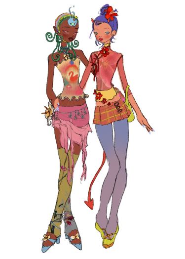 he image is a colorful illustration of two stylized girl characters, possibly inspired by anime or manga. they are dressed in vibrant, eclectic clothing that blends various fashion aesthetics, with elements suggestive of pastel goth, y2k, and other trendy styles.  one girl has dark skin and green hair, while the other has lighter skin and purple hair. they are depicted in a close, friendly pose, suggesting a bond between them. the overall style is whimsical and expressive, with bold lines and a rich palette of colors.  the background is plain white, focusing all attention on the characters.