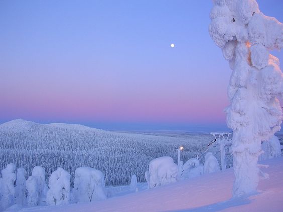 a picturesque winter landscape at dusk, featuring snowcovered trees and a mountain range in the background. the sky showcases a beautiful blend of pink, purple, and blue hues, while a full moon graces the upper right corner. the overall ambiance evokes a sense of tranquility and wonder.