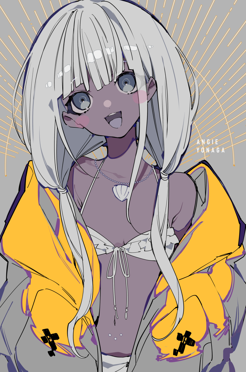 an anime girl with white hair, identified as angie yonaga, is depicted wearing a white bikini and a yellow and gray hoodie. she is also wearing a shell necklace and has a smiling expression.