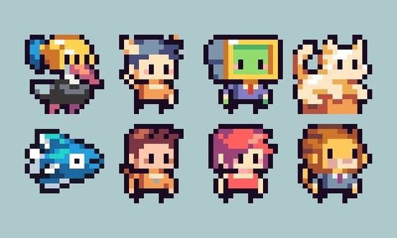 this image shows 8 different pixel art sprites. the background is a solid bluegray. each sprite is of a different character, including a person with blue hair and a bird costume, a person with brown hair and an orange shirt, a person with a green screen for a head and a suit, a creamcolored cat, a blue and white fish, a person with brown hair and an orange shirt, a person with red hair and a pink dress, and a person with blonde hair and a blue suit.