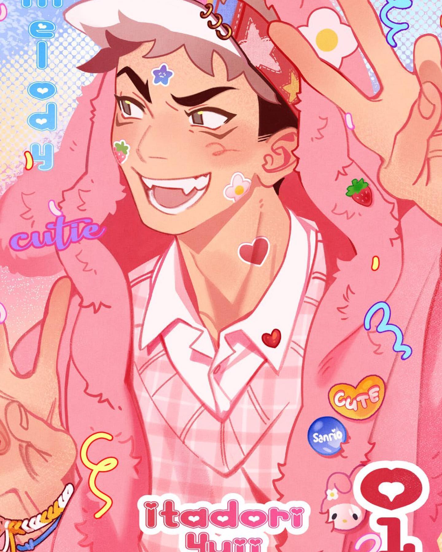 the image is vibrant fanart depicting itadori yuji from the anime/manga series jujutsu kaisen.  he's styled in a very cute and kawaii manner, wearing a pink fluffy bunnylike hoodie and a pink and white checkered sweater.  he's making peace signs with both hands. the overall aesthetic is heavily pastel pink with various sanrioinspired stickers and elements (including a my melody cameo) adorning his clothing and the background. the background also has playful doodles and text like "cutie" and "melody."  the artist's style is distinct, emphasizing soft features and cheerful colors.  the overall tone is lighthearted and joyful. the text "itadori yuji" is prominently displayed at the bottom.