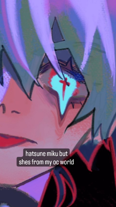 the image is a stylized digital painting or fanart depicting a character that resembles hatsune miku but is stated to be an original character (oc) from the artist's own world.  the character has purple hair, a prominent closeup view of one eye which features a glowing blue crossshaped detail, and is wearing dark clothing with red accents.  the art style is anime or manga inspired, with dramatic use of color and shading. the text overlay states "hatsune miku but shes from my oc world".