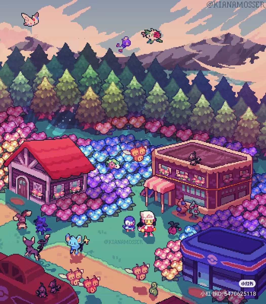 the image shows a pixel art rendition of a small village at sunset. the village is nestled amongst a lush forest with mountains in the background. the buildings are small and quaint with colorful roofs, and there is a path leading through the village. the village is decorated with an abundance of colorful flowers and inhabited by various pokemon.