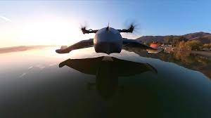 a lowangle, wideshot perspective of an aircraft flying over a body of water, possibly a lake, at sunset or sunrise. the aircraft is in midflight, its wings extended, with a propeller at the front. the reflection of the aircraft can be seen in the water, creating a mirrored image. the sky is filled with a warm, colorful hue, suggesting the golden hour.  the clouds are visible in the distance, and the landscape is partially obscured by a hazy atmosphere. the aircraft appears to be a futuristic design, with sleek lines and modern technology. the image captures the beauty and wonder of flight, and suggests the potential for innovation and exploration.