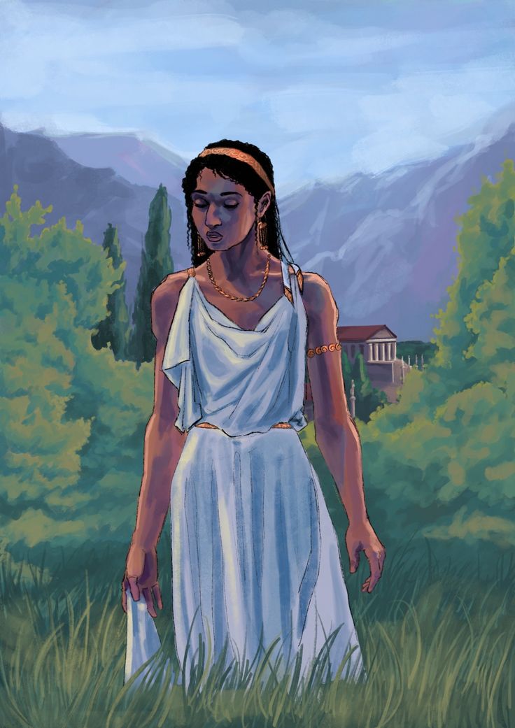 the illustration depicts a young woman, dressed in a pale blue or white chiton (a type of ancient greek garment), walking through a grassy field. her attire includes gold jewelry – a headband, earrings, bracelets, and a necklace.  she has a serene, almost melancholic expression on her face.  the background shows a picturesque mediterranean landscape, featuring rolling hills, mountains in the distance, and a classicalstyle greek temple partially visible through the trees. the overall style suggests a digital painting inspired by ancient greek art and settings.  the lighting and colors create a calm, peaceful atmosphere evocative of a summer's day.