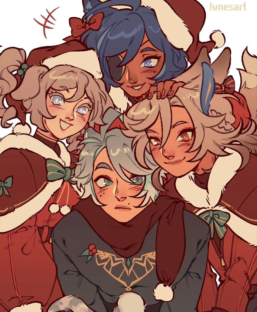 the image is a digital drawing or painting featuring four stylized female characters bundled together in a warm, festive christmas hug.  they're all wearing various winter clothing, including santa hats and bows, suggesting a cozy holiday scene. the art style is animeinfluenced, with large expressive eyes and softer linework. the characters appear to be friendly and happy.  their clothing and overall aesthetic strongly suggests a possible connection to a video game like genshin impact, although this is not explicitly stated.  the image has a cheerful and festive atmosphere.