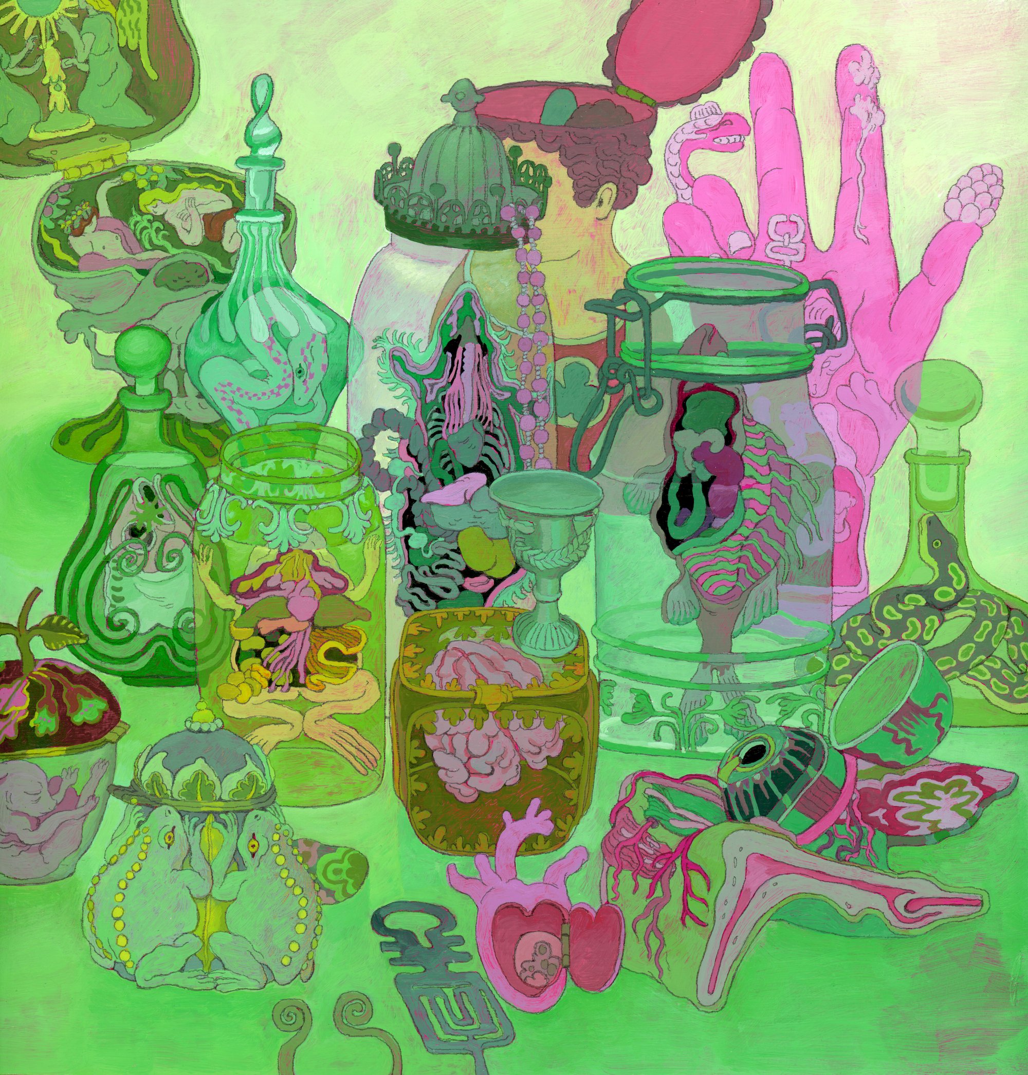 an art painting in a psychedelic and surreal style shows a collection of jars and bottles containing internal organs and other objects. a pink hand with a snake wrapped around it is present in the image. there is also a head and other figures in the background. some of the jars contain brains, hearts, fish, and mushrooms. the artwork has an anatomical and surreal feel.