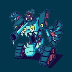 a blue cartoon robot tank with a large cannon for an arm stands on a dark teal background. the robot is stylized with exaggerated features and sharp angles. there is a small, darkhaired character sitting in the cockpit of the robot. the robot's paint is chipped in places, and it has a mischievous expression.