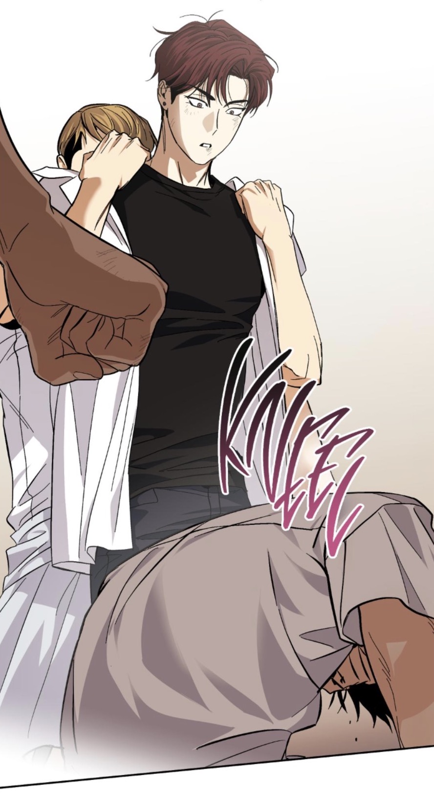 the image is a panel from a manhwa (korean comic) depicting a dramatic scene. two young men are engaged in a tense interaction. one man, with short brown hair, is holding the other man, who has blond hair, by the neck. the blondhaired man appears to be struggling. the man with brown hair seems agitated, perhaps threatening the other man with a knife. the background is simple, focusing all attention on the figures. the style is realistic, with detailed character expressions and body language, capturing the intense emotion of the scene.  a third person, arm only, is also shown in the scene.  the word "knife" is written in stylized lettering near the struggling man.