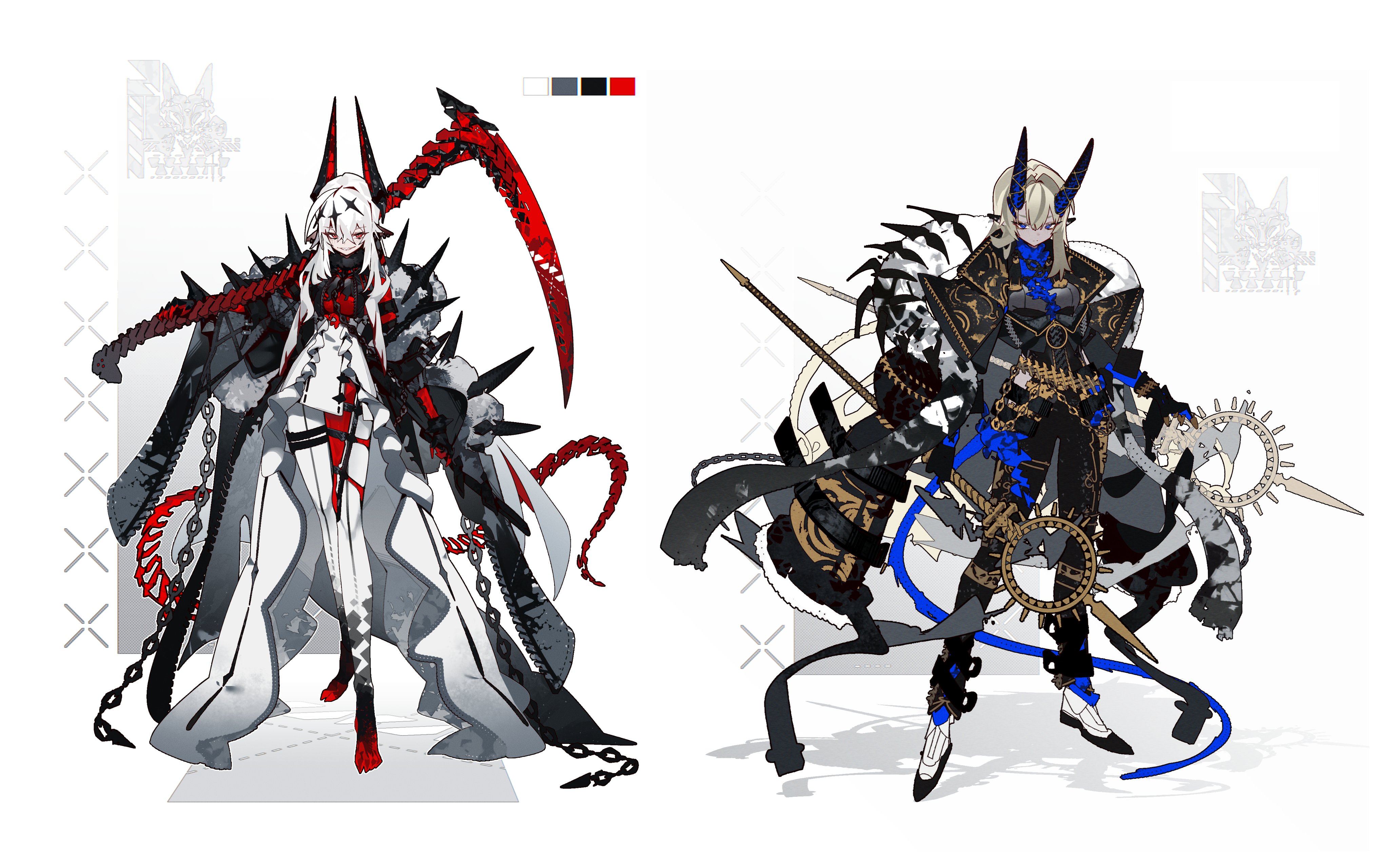this image shows two character designs. both characters appear to be male with horns and long blue hair. they have a dark, edgy style with elaborate outfits. the character on the left has a black and red color scheme and a scythe weapon. the character on the right has a black and blue color scheme and a staff weapon.