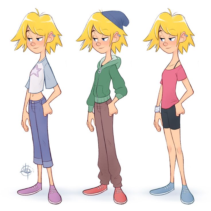 three cartoon style character designs of a girl with blonde, short hair wearing different outfits. from left to right: a light blue crop top with a star, blue jeans, and purple sneakers; a green hoodie, brown pants, and red sneakers with a blue beanie; and a pink tshirt, black shorts, and blue sneakers. all of the characters have a similar smirk and pose.