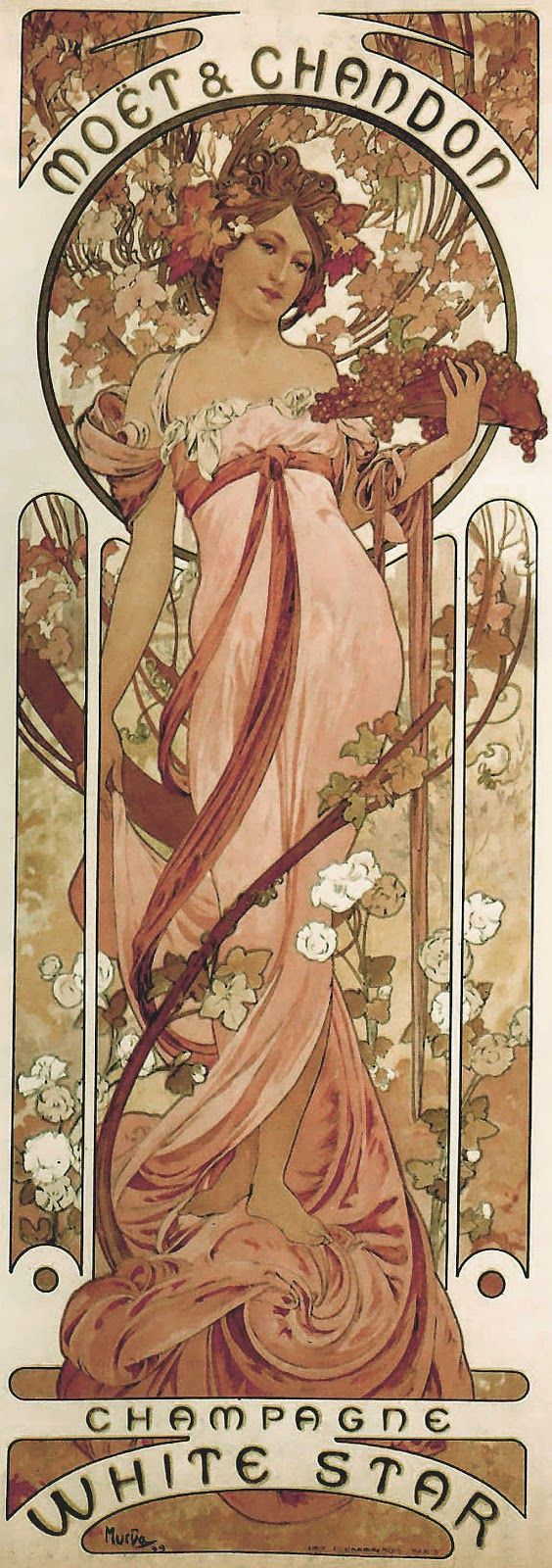 an art nouveau poster advertising moët & chandon champagne white star by alphonse mucha. it features a woman in a pale pink flowing dress, adorned with a ribbon, holding grapes, surrounded by vines and flowers, with the brand name and product name displayed. the overall style is elegant and vintage.