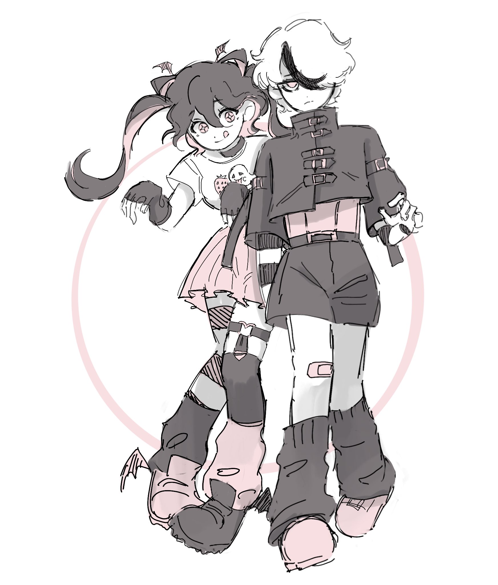 a black and white cartoon drawing of a couple in street style clothing. the girl is wearing a pink and white dress, with black boots and pink tights. she has a pink bow in her hair and a pink heart on her chest. the boy is wearing a black shirt and pants, with a pink belt and a white shirt underneath. he has black boots and white socks. he also has a pink heart on his chest. they are standing side by side, with the boy slightly behind the girl. they both have big smiles on their faces. the drawing has a very cute and stylish look to it, and the couple appears to be in love.