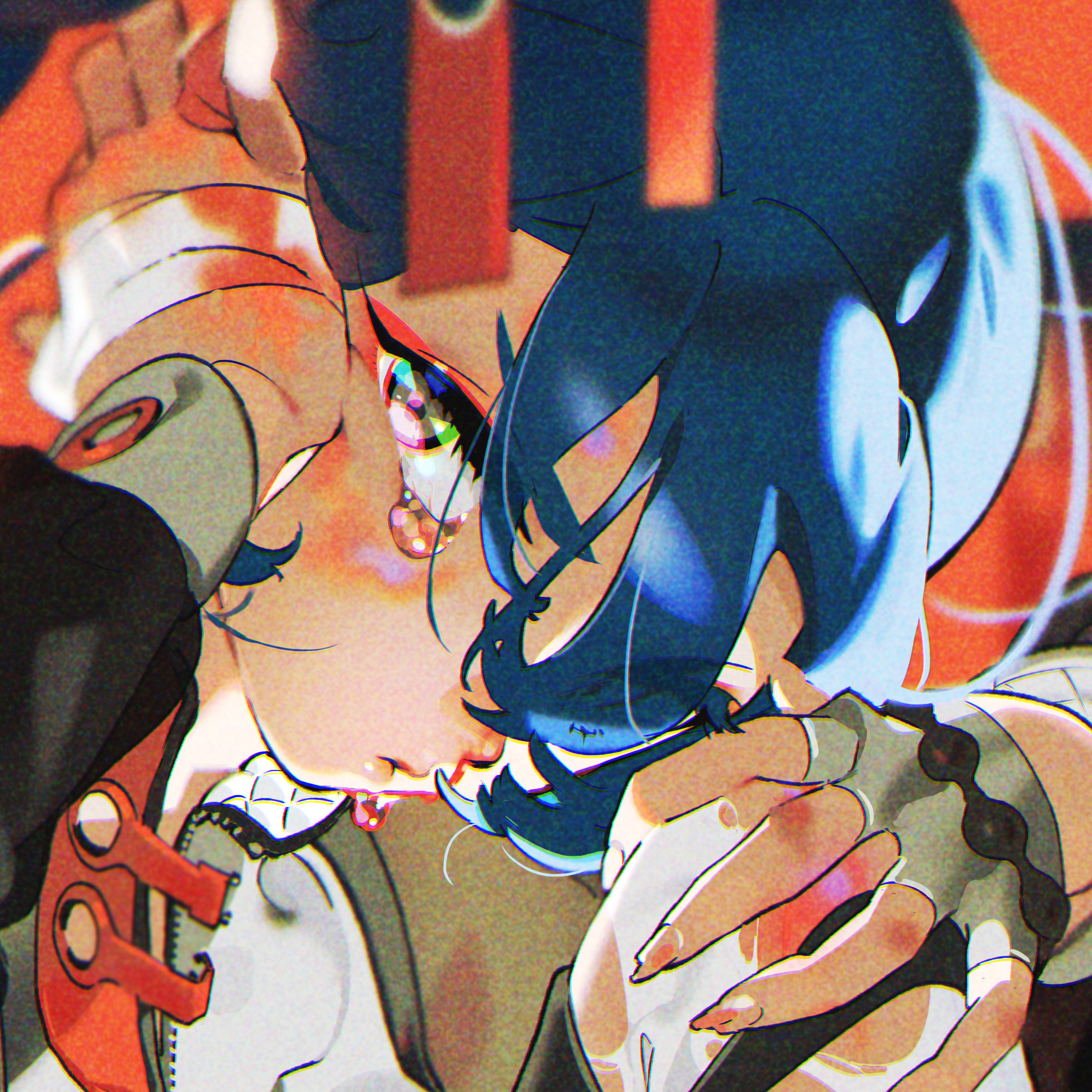 the image showcases a digital illustration of a young woman, possibly an anime character, with vibrant blue hair and striking orange accents in her attire. her expression is one of visible distress, conveyed through tears welling up in her eyes and a trembling lip. the closeup perspective amplifies the emotional impact, drawing attention to her tearstreaked face and the way she clutches her arm. the art style leans towards a cyberpunk or futuristic aesthetic, hinted at by her clothing and the overall color scheme.