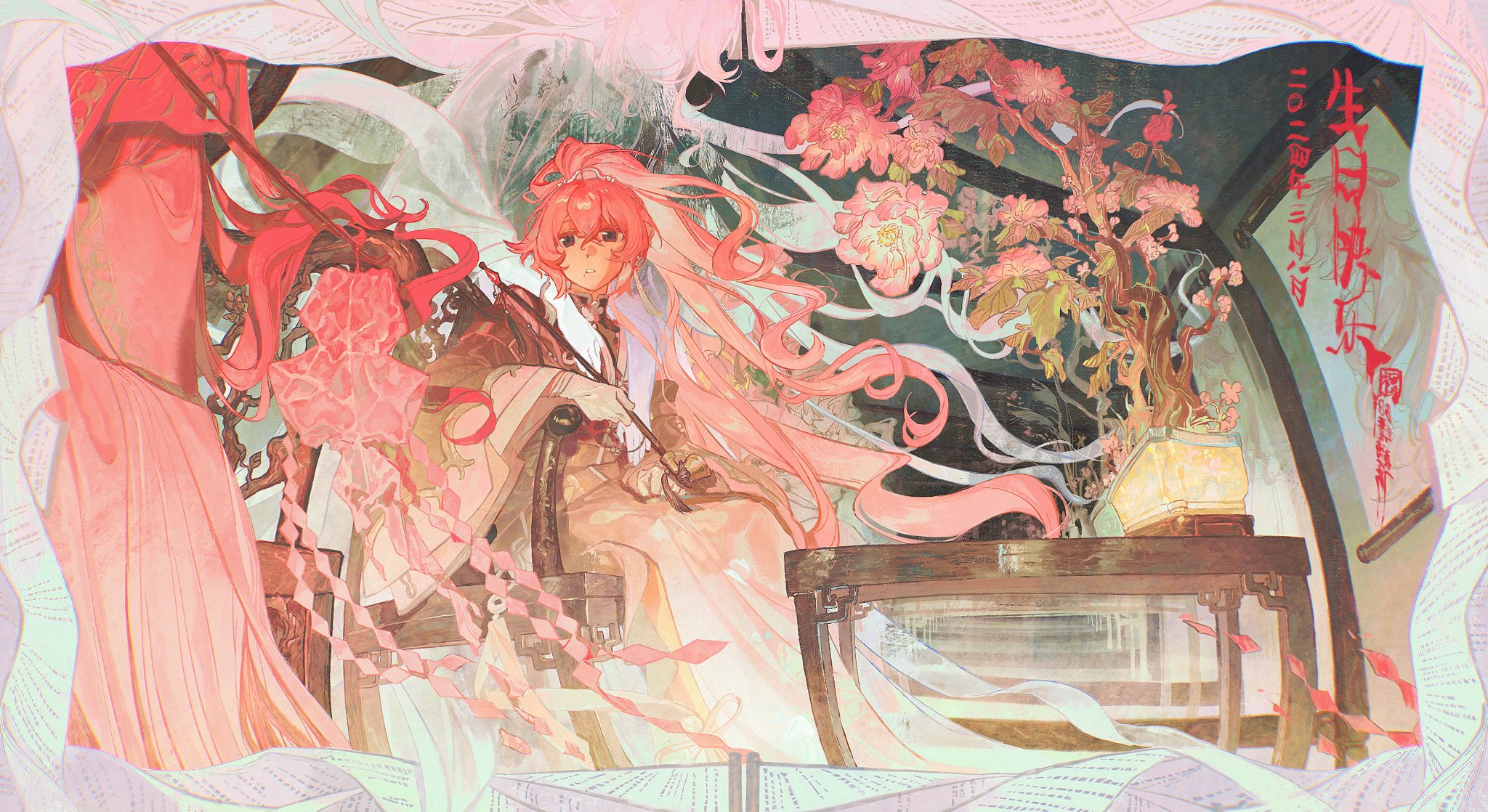 a colorful anime painting of a girl in pink traditional asian clothing sitting on a chair. the chair is in a room with flowers and a table. the painting has an anime style and has a light airy feel to it.