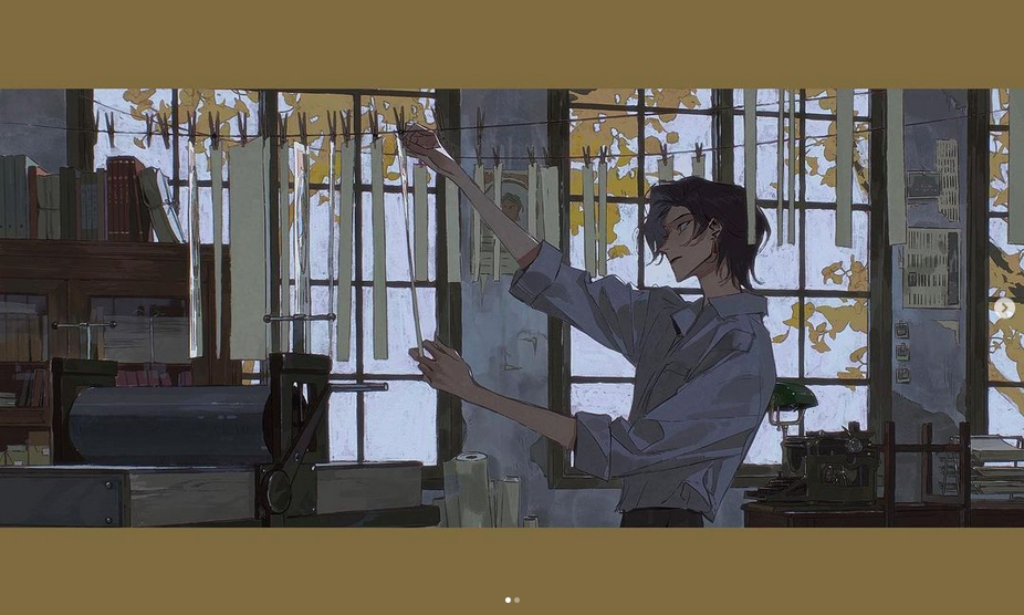 the image shows a man in a white shirt working in an old printing press. he is standing next to a window looking out at a tree. the man has long black hair and wears a serious expression. there are shelves of books on the wall behind him and an old typewriter on the desk. it is a digital illustration in a colorful anime style.