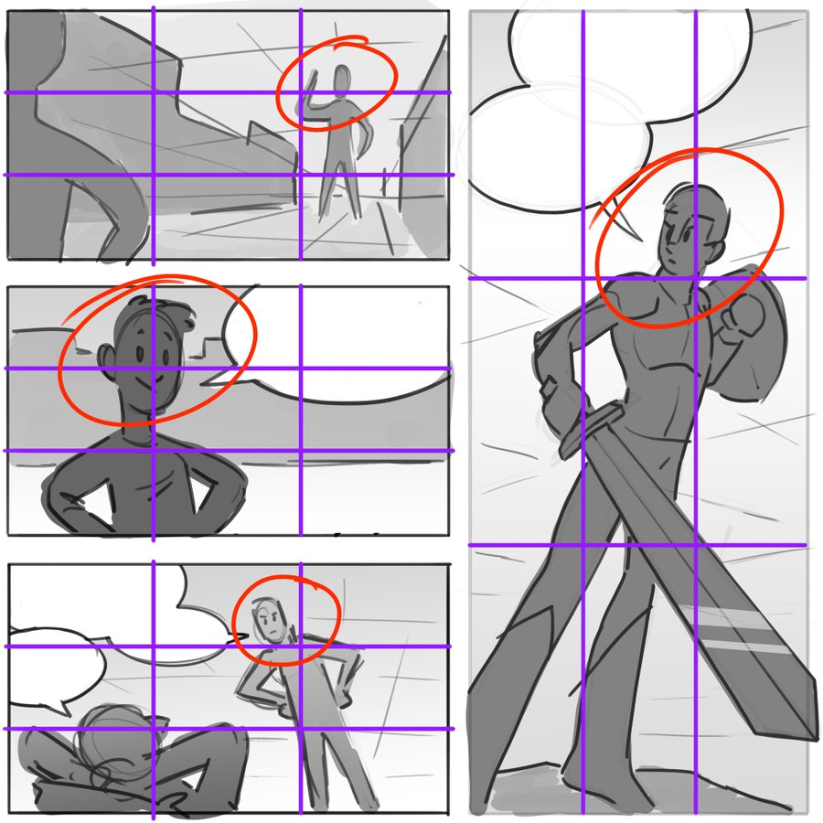 a comic storyboard of a male warrior on a battlefield. the storyboard uses a grid system and follows the rule of thirds for composition. the warrior is the main character and is the focal point in all panels. the image is presented in grayscale.