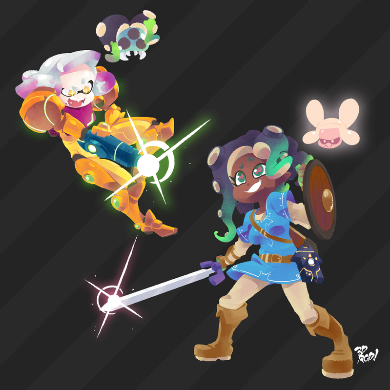 this is a digital illustration of two popular nintendo characters: a squid girl dressed as link from the zelda series and a girl dressed as samus from the metroid series. they are both depicted in a battle pose, with the squid girl holding a sword and shield, and the samus girl holding a gun and a beam of energy. the illustration is cartoonish and colorful, with a cute and cool style. it is likely fan art created by a fan of both franchises.