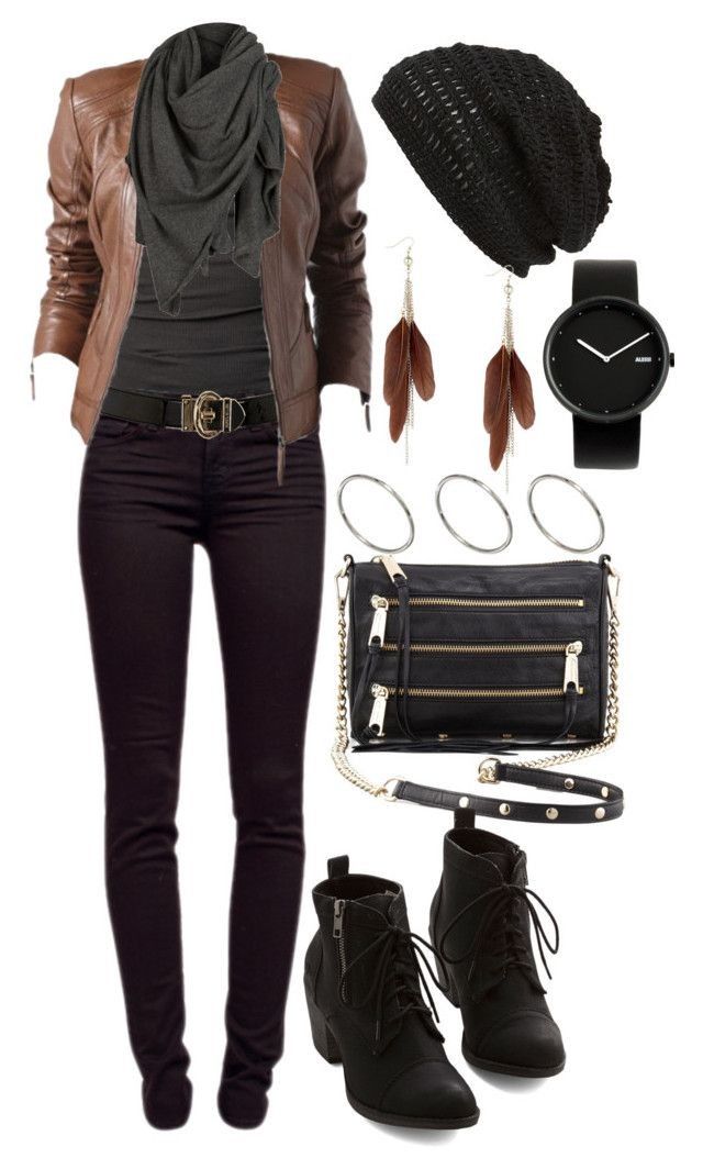 the image shows an outfit consisting of a brown leather jacket, a gray scarf, a black beanie, brown feather earrings, a black watch, a black purse with silver zippers and a silver chain strap, a black belt with a silver buckle, black jeans, and black boots.