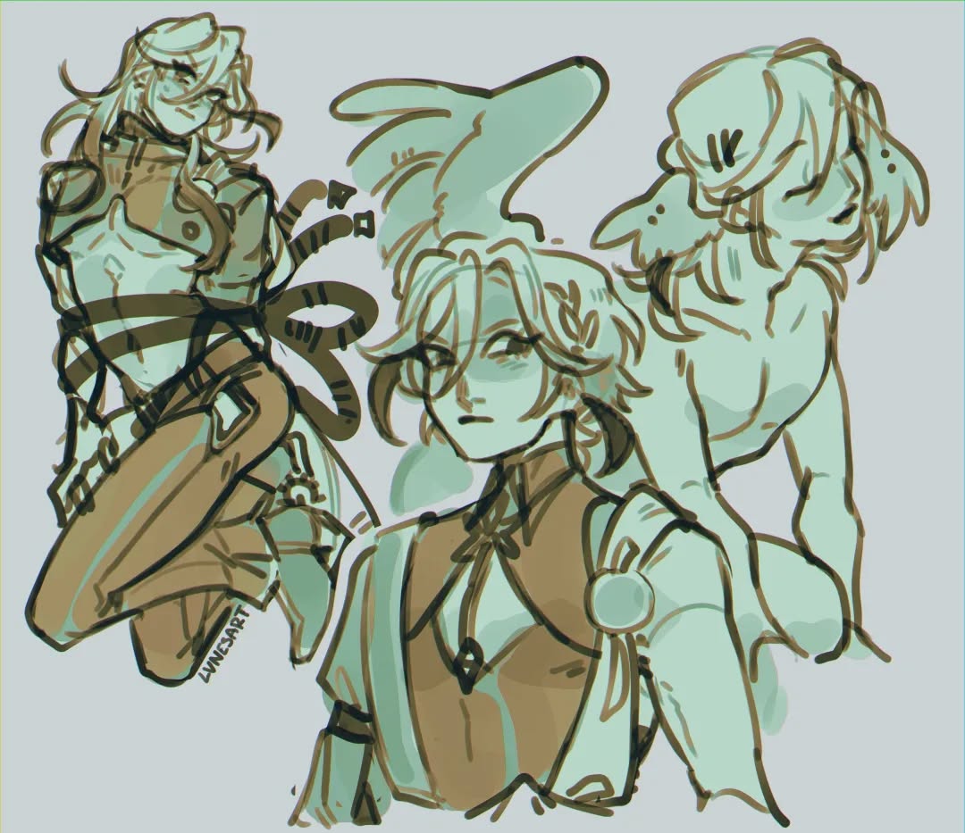 the image is a digital drawing or sketch showcasing three distinct characters, rendered in a loose, expressive style reminiscent of anime or manga. the color palette is primarily muted greens and browns.  the character on the left appears androgynous, with long hair and what seems to be a partially exposed chest, wearing clothing that suggests a futuristic or fantasy setting.  they have straps and tubes connected to their outfit, and a more detailed design.a second character is partially obscured, positioned somewhat behind the character on the left, this figure appears more muscular and wears a caplike head covering.  its design suggests it might be a fantastical or mythological creature.the central character is another androgynous figure, with shorter hair and a more formal or ceremonial looking outfit. this character takes center stage, facing forward.  they also have a more delicate design than the other two.the overall style is unfinished, with visible brush strokes and suggestive shading, conveying a spontaneous and dynamic feel. the artist's signature, "lunesar," is visible in the bottom left.