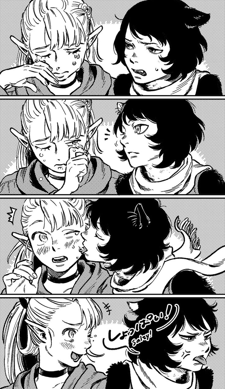 he image is a fourpanel mangastyle comic strip depicting various interactions between two girls.  the first panel shows a lighthaired elfeared girl crying while a darkhaired girl with catlike ears looks on.  the second panel continues this interaction, with the lighthaired girl still upset. the third and fourth panels show a close interaction between the girls, including a kiss and close physical contact. the style is black and white and emotive, focusing on facial expressions and body language.  there's a speech bubble in the fourth panel.