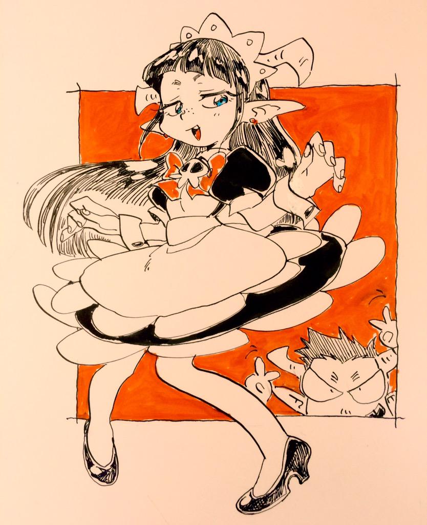 the drawing shows a demon girl in a maid outfit dancing, with a cat boy looking up at her in shock or anger. the girl has long black hair, horns, pointy ears, and is winking. the background is a solid orange square behind the girl.