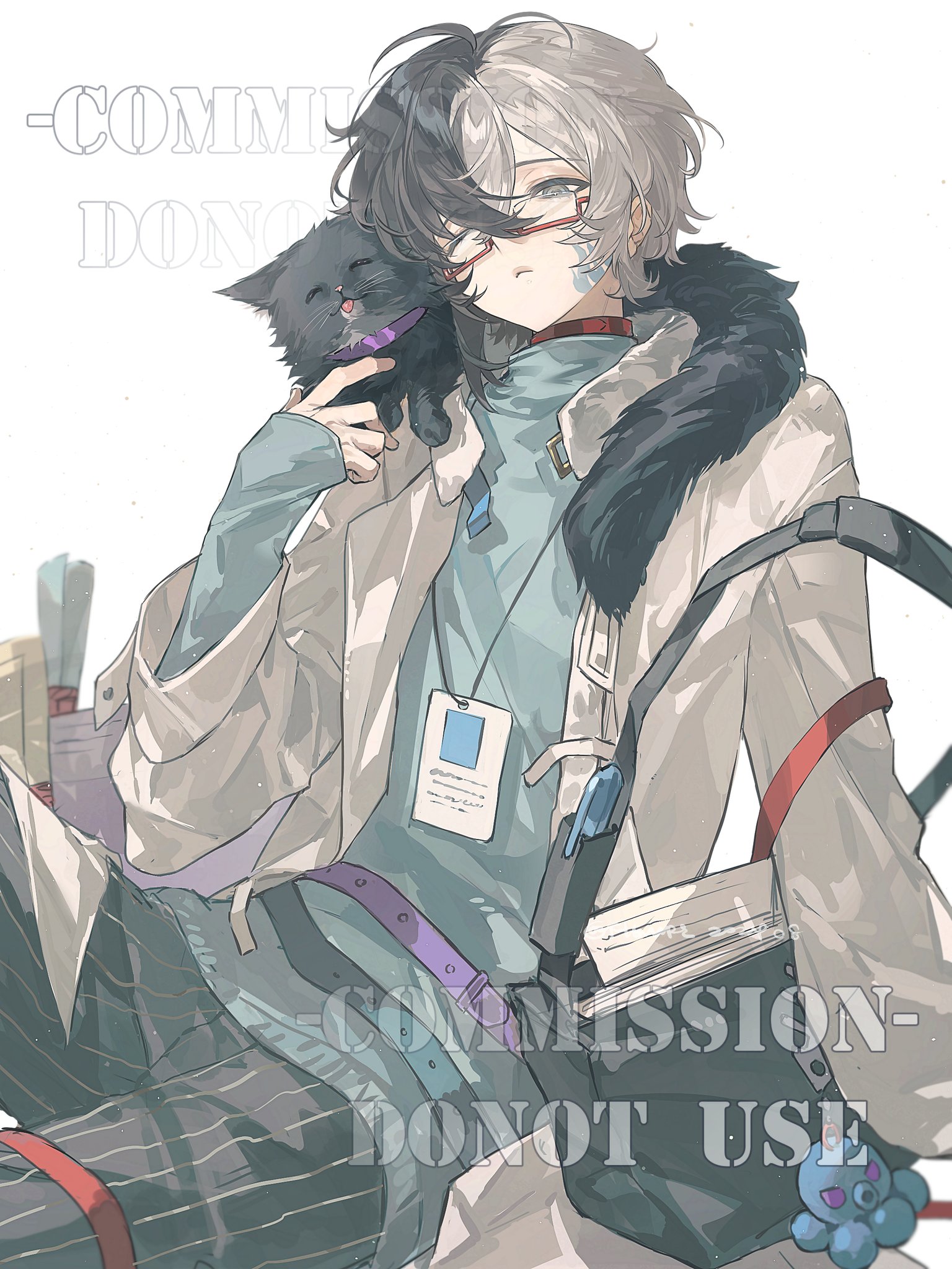 an animestyle illustration depicts a young man with twotone gray and black hair, wearing glasses, and a lab coat. he has a black cat perched on his shoulder. he is wearing plaid pants with a red stripe, and a shoulder bag. a badge hangs from his shirt. a blue stuffed animal is attached to his bag. the image includes the text "commission  do not use."