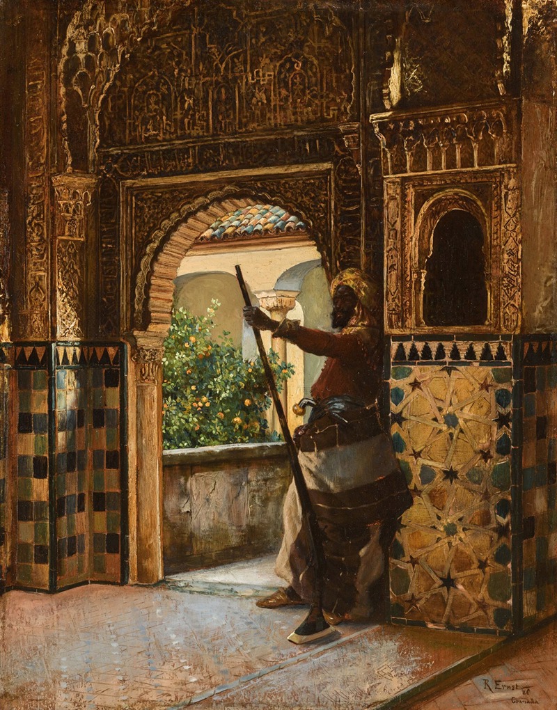 the painting depicts a guard standing in the ornate archway of a palace, looking out onto a courtyard with orange trees. the guard is wearing a turban and holding a spear, and the architecture of the palace is richly decorated with intricate tilework and carvings. the painting is a work of orientalist art, reflecting a 19thcentury european fascination with the middle east.