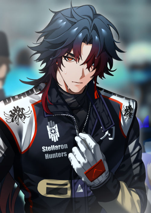 a closeup portrait of an anime male character with long, blue hair streaked with red. he has a serious expression and is wearing a black jacket with red and white accents, and white gloves. the jacket has the words "stellaron hunters" emblazoned on it.