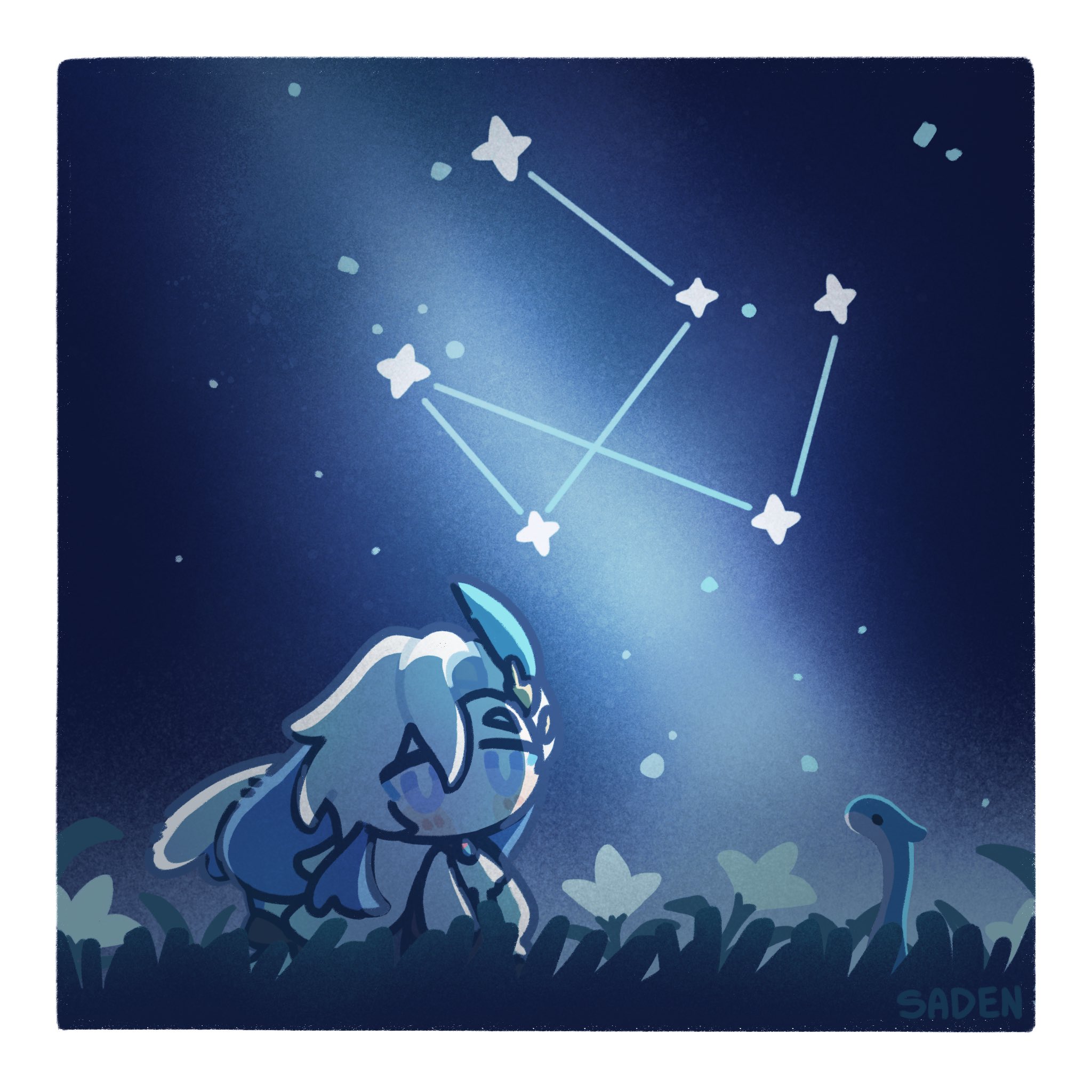 he image is a digital illustration of a cute, chibistyle anime girl looking up at a constellation in the night sky. the girl is light blue and white, with flowing hair and a peaceful expression. she is surrounded by flowers and grass, and a small, light blue snake is visible in the lower right corner. the style is soft and whimsical, with pastel colors and a dreamy atmosphere. the constellation is prominent, with its stars connected by glowing lines. the overall feel is one of magic and wonder.