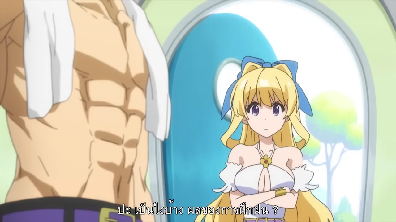 the image shows a scene with a muscular man and a surprisedlooking blonde woman. the man, with his upper body exposed, is partially clothed with a white towel around his neck and purple pants. the woman, with long blonde hair and blue eyes, is wearing a white dress with a blue ribbon. she has her arms crossed and appears taken aback or confused. the setting seems to be a brightly lit room with blue and white architectural details, hinting at a futuristic or fantastical environment.