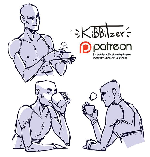 this image is a hand drawn sketch.  there are 3 figures drawn in various poses.  the figures are drawn from the waist up.  the figures are  in relaxed poses, with their arms in various positions.  one figure is sitting and drinking from a cup, while the other is looking at a cup in his hand.  the other figure is holding a cup and looking into the distance.  the artist's website and social media are shown in the upper right corner.