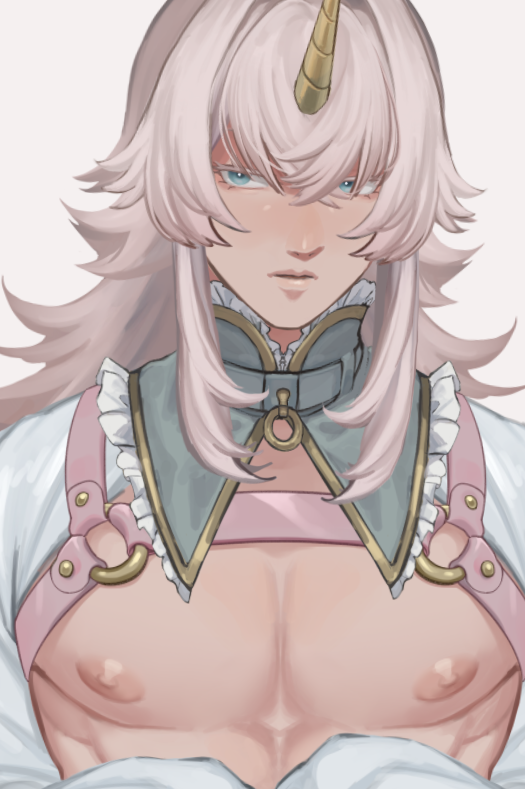 the image is a digital painting of an animestyle male character. he has long, wavy pink and white hair, blue eyes, and a single, golden unicorn horn on his forehead. he is shirtless and wearing a light pink and teal harnesslike outfit with gold accents and frilly details. the character is depicted from the chest up and has a serious, perhaps slightly stoic expression. the art style is smooth and detailed, with a focus on the character's features and clothing. the background is plain white, allowing the character to stand out. the overall aesthetic is fantastical and elegant.
