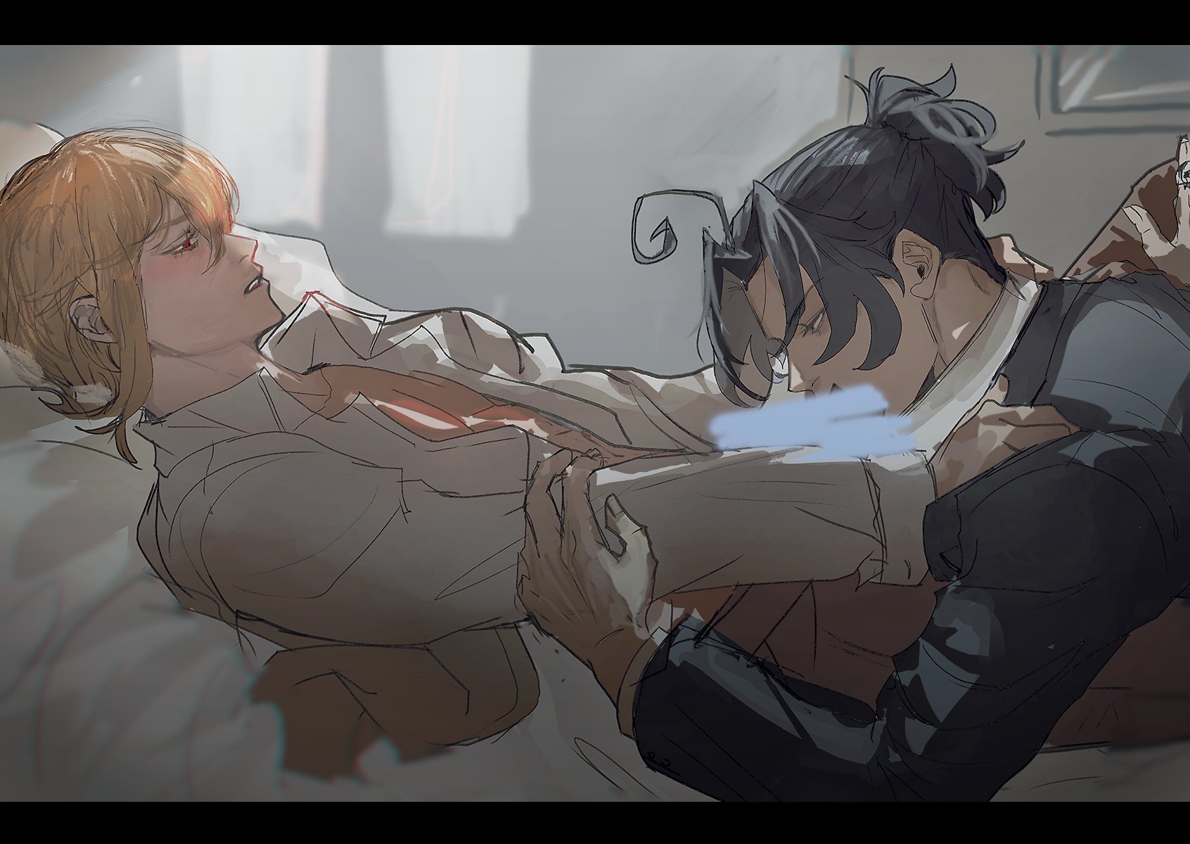this is an anime illustration of two young men. one has blond hair and is lying in bed, wearing a white shirt
