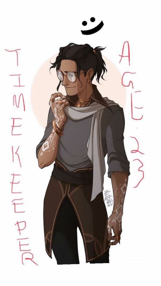 the illustration depicts a man standing against a softly lit, pale backdrop. he's dressed in attire evocative of a fantasy setting, with a long tunic, a draped scarf, and intricate tattoos visible on his hands and arms.  he's adjusting his round glasses with one hand while the other hangs loosely by his side.  the words "timekeeper" and "agl 23" flank him, further suggesting his role within the imagined world. his expression is serene and contemplative.
