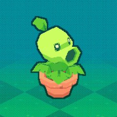 a pixel art image of a stylized green plant with large leaves in a terracotta pot. the background is a teal color with a checkered pattern.