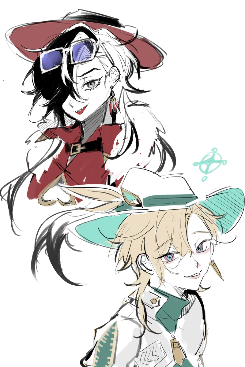 the image shows an anime style drawing of two characters. the character on top is a woman with long black hair and a red hat with sunglasses. she is wearing a red jacket and has white fur around her neck. her eyes are large and have a hint of blue in them. the character on the bottom is a man with blond hair and a white hat with a green rim. he is wearing a white shirt and a green scarf. he is also smiling and his eyes have a hint of purple in them. the image is drawn in a simple style with lines and shading.